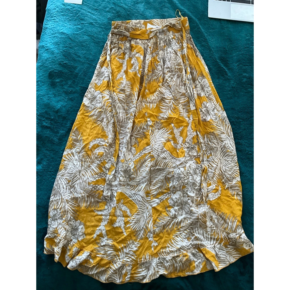 Solitaire Ruffle Front Maxi Skirt Yellow w Palms Elastic Waist Sash NWT Small - Picture 9 of 10